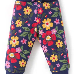 Babyhug Single Jersey Knit Full Length Lounge Pants with Floral & Text Print Pack of 2 - Navy Blue & Red image 2