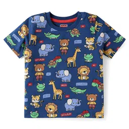 Babyhug Single Jersey Knit Half Sleeves T-Shirt & Shorts Set with Animal Print - Navy Blue & Red image 2