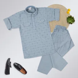 BAD BOYS Blended Woven Full Sleeves Floral Embroidered Pathani Kurta Pyjama Set - Blue image 3