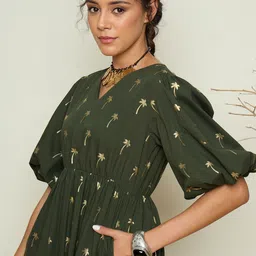 Pink Paprika by SASSAFRAS Tropical Printed Puff Sleeve Fit & Flare Midi Dress image 5