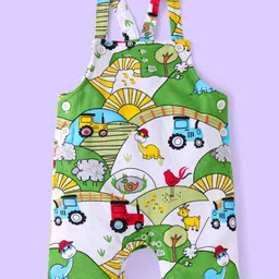 Babyhug Single Jersey Knit Dungaree & Half Sleeves Striped T-Shirt With Farm Print - Green & Yellow image 4