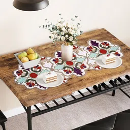 YWULY White & Red Embroidered Beaded Dining TableRunner image 3