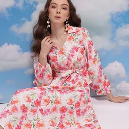 CORSICA Floral Print Shirt Collar Wrap-Style Midi A-Line Dress with Belt-image-32