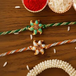 eCraftIndia Set of 2 Floral Rakhis with Sibling Agreement & Roli Chawal Pack image 2