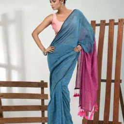 CHARUKRITI Blue Cotton Striped Saree With Unstitched Blouse-picture-19