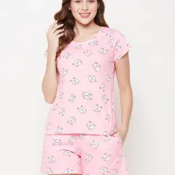 Clovia Pink Printed T-Shirt with Shorts-image-45