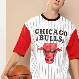 NBA Men Chicago Bulls Striped Oversized Pure Cotton T-shirt-image-50