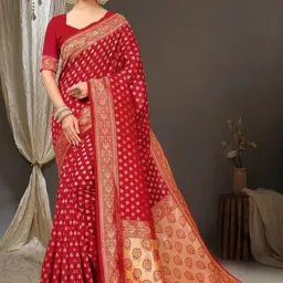 Satrani Red Woven Saree With Unstitched Blouse-image-35