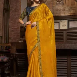 Satrani Turmeric Yellow Embroidered Saree With Unstitched Blouse-image-4
