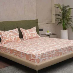 Urban Space Serene Peach Cotton 200 TC King Fitted Bedsheet With Pillow Covers-image-89