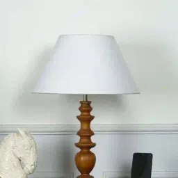 Kapoor Lamp Shades Akira Hand Crafted Solid Wood Walnut Finish Table Lamp with White Cotton Shade image 2
