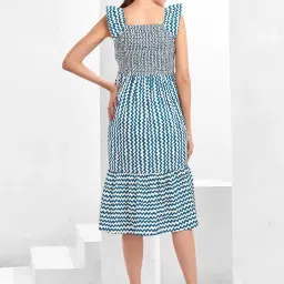 SELVIA Blue & Off White Printed Fit & Flare Dress image 2