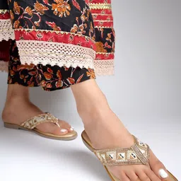 SZN Women Gold-Toned Embellished Synthetic Slip On Open Toe Flats image 3