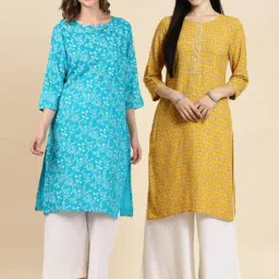 Rangita Turquoise & Yellow Floral Print Straight Kurta - Pack OF 2-image-1