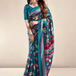 Satrani Rama Green Floral Print Saree With Unstitched Blouse-image-5