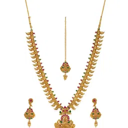 Zaveri Pearls Women Gold-Plated and Pink Temple Design Jewellery Set-picture-25