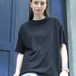 TITTLI Women Polo Collar Extended Sleeves Pure Cotton Applique Boxy T-shirt-image-61