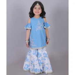 lil' drama Lil Drama Cold Shoulder Floral Embroidered Kurta & Lace Embellished Sharara Set - Blue-picture-25