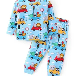 Babyhug Cotton Knit Full Sleeves Night Suit with Vehicle & Animal Print - Blue-picture-15