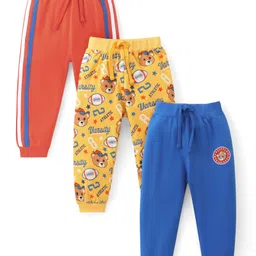 Babyhug Cotton Single Jersey Knit Full Length Bear & Text Printed Lounge Pant - Red Blue & Yellow image 1