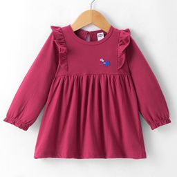 Zero Sinker Knit Full Sleeves Frock with Placement Floral Embroidery & Frill Detailing - Maroon-picture-21