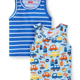 Babyhug 100% Cotton Knit Sleeveless Sando Vests With Stripes & Vehicle Print Pack of 2 - Blue-picture-14