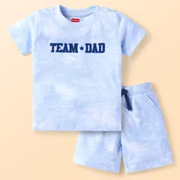 Babyhug Single Jersey Knit Half Sleeves T-Shirt & Shorts Set with Team Dad Text Print - White & Light Blue-picture-11