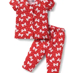 Doodle Poodle 100% Cotton Knit Half Sleeves Co-ords Front Open Night Suit with Bow & Polka Dots Print - Red-picture-31
