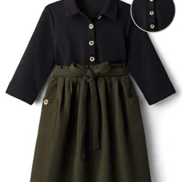 Hola Bonita Knit Three Fourth Sleeves Textured Solid Dress With Belt - Olive & Black-picture-27