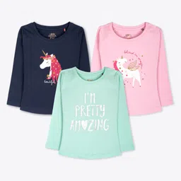 Ariel Cotton Knit Pack Of 3 Full Sleeves Unicorn Printed Tees - Navy Blue Pink & Green-picture-16