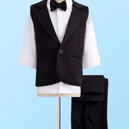 Babyhug Knit Full Sleeves Solid Color 3 Piece Party Suit with Bow - Black & White-picture-25