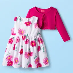 Babyhug Cotton Woven Floral Printed Frock with Full Sleeves Shrug - Dark Pink & White-image-55