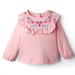 Babyhug 100% Cotton Knit Full Sleeves Top with Floral Embroidery & & Frill Detailing - Pink-picture-18