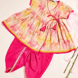 StyloBug Woven Half Puffed Sleeves Trees Printed & Lace Embellished Dhoti Kurti Set - Pink-picture-12