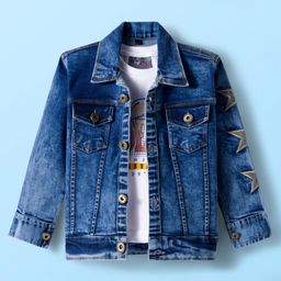 Dapper Dudes Full Sleeves Mild Washed & Stars Embroidered Denim Jacket With Typography Printed Tee Set -Dark Blue-picture-10