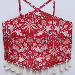 Taffykids Silk Woven Sleeveless Floral Printed Tassels Detailed Back Tie Up Crop Top - Maroon-picture-26