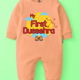 The Peppy Tend 100% Cotton Knit Dussehra Theme Full Sleeves My First Dussehra Text Printed Romper - Peach-picture-24