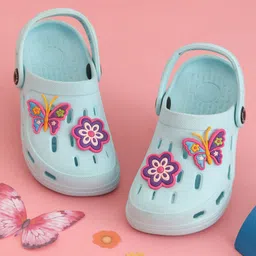 Yellow Bee Floral & Butterfly Applique Detailed Perforated Slingback Clogs - Blue-picture-19