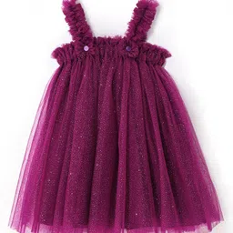 Babyhug Singlet Sleeves Mesh Detailing A-Line Glittery Party Frock - Purple image 3