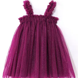 Babyhug Singlet Sleeves Mesh Detailing A-Line Glittery Party Frock - Purple image 4