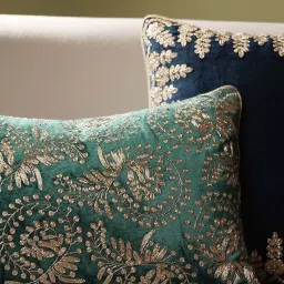 Pure Home and Living Teal Velvet Zari Embroidered Rectangular Cushion Cover image 2