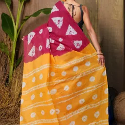 Unnati Silks Pink & Yellow Cotton Printed Saree With Unstitched Blouse image 2