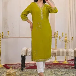 Autumnlane Green Ivy Slime Embroidered Relaxed Fit Kurti image 2