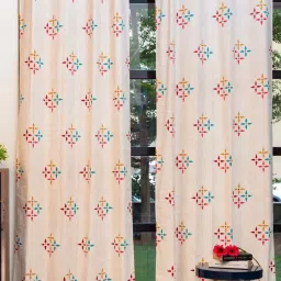 Urban Space White & Red Cotton Printed Long Door Curtain - Set of 2 image 2