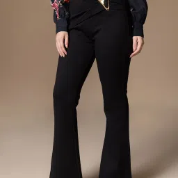 Kazo Black Viscose Solid Flared Fit Jegging image 2