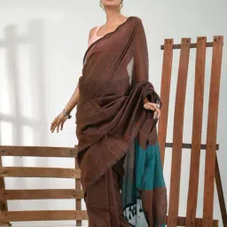 CHARUKRITI Brown Cotton Colourblocked Saree With Unstitched Blouse-picture-28