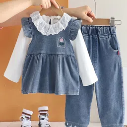 INCLUD Girls Cotton Solid Denim Tunic With T-Shirt & Denim Pants Set-picture-8