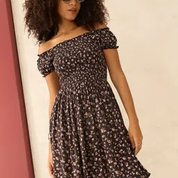 Outzidr Floral Print Off Shoulder Puff Sleeves Fit & Flare Dress image 5