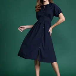 DressBerry Textured Tie-Up Neck Empire Midi Dress-image-17