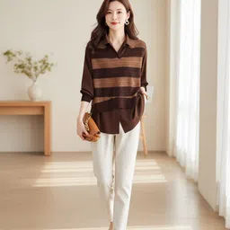 HERE&NOW Women Striped Round Neck Long Sleeves Pullover-image-78